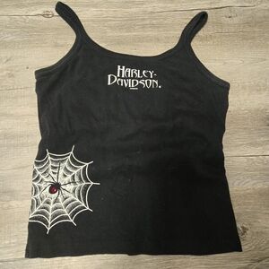 Vtg Harley Davidson Womens XL Cropped Ribbed Black Spider Tank Top T-Shirt USA